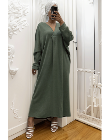 Longue robe pull over size col V kaki  - 3