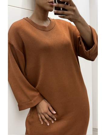 Longue robe pull over size col rond cognac  - 1