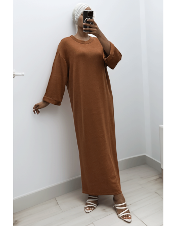 Longue robe pull over size col rond cognac  - 2