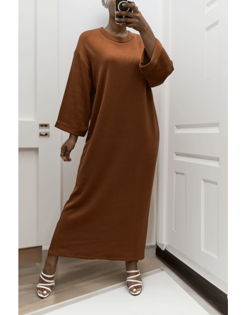 Longue robe pull over size col rond cognac  - 4