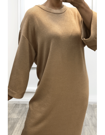 Longue robe pull over size col rond camel  - 1