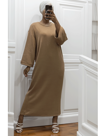 Longue robe pull over size col rond camel  - 3
