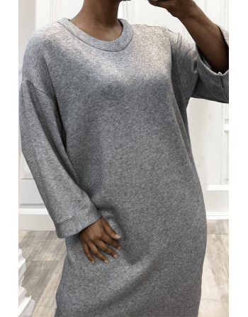 Longue robe pull over size col rond gris  - 1