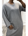 Longue robe pull over size col rond gris  - 1