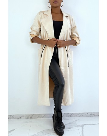 Manteau trench en suédine beige ajustable à la taille - 1