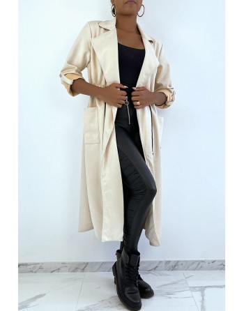 Manteau trench en suédine beige ajustable à la taille - 4
