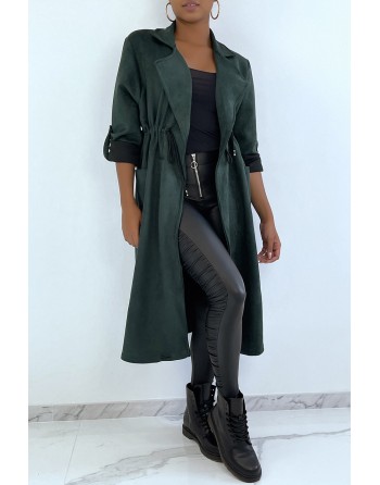 Manteau trench en suédine verte ajustable à la taille - 2