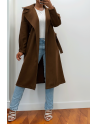 Long manteau marron avec ceinture et poches - 9