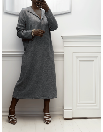 Longue robe épaisse col chemise en gris - 2