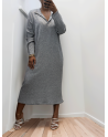 Longue robe épaisse col chemise en gris - 3