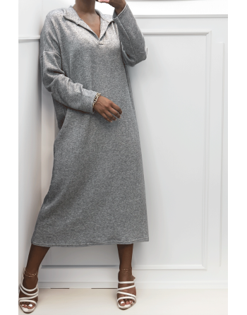 Longue robe épaisse col chemise en gris - 4