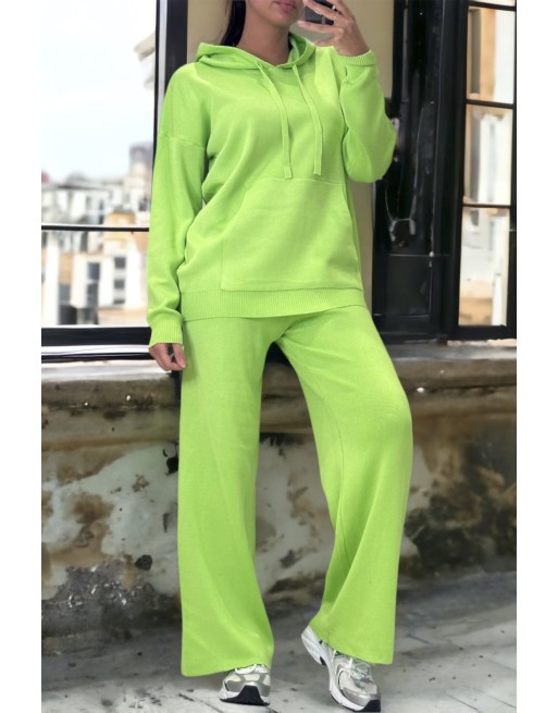 Ensemble vert anis sweat et palazzo en maille tricot très extensible - 1