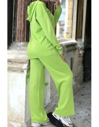 Ensemble vert anis sweat et palazzo en maille tricot très extensible - 2