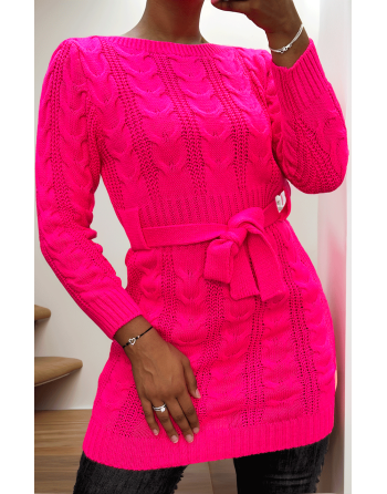 Robe rose bonbon en maille torsadée avec ceinture - 2