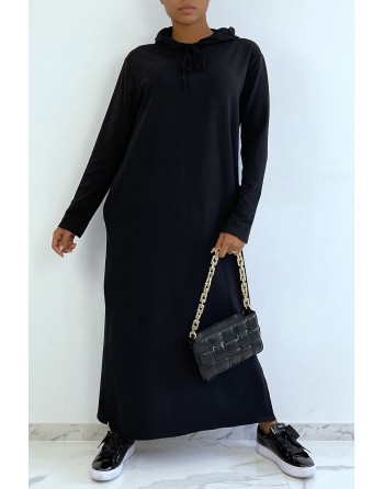 Longue robe sweat abaya noire à capuche - 1