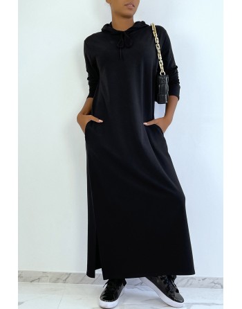 Longue robe sweat abaya noire à capuche - 3