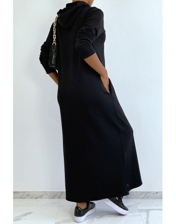 Longue robe sweat abaya noire à capuche - 4