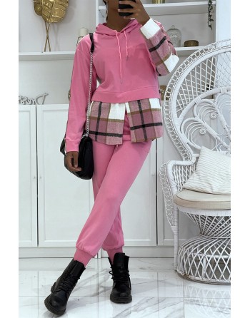 Ensemble de jogging rose fuchsia avec pantalon effet push et sweet 2 en 1 sur chemise à carreaux tendance - 2