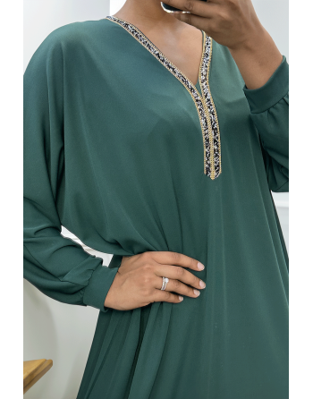 Abaya verte à encolure de strass et manches longues - 1
