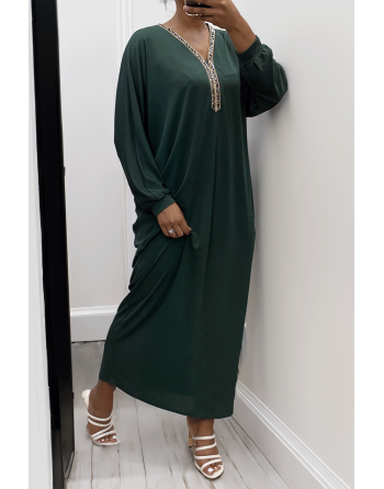 Abaya verte à encolure de strass et manches longues - 3