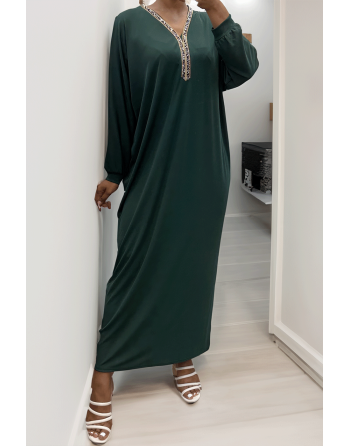 Abaya verte à encolure de strass et manches longues - 4