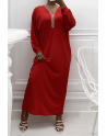 Abaya rouge à encolure de strass et manches longues - 2