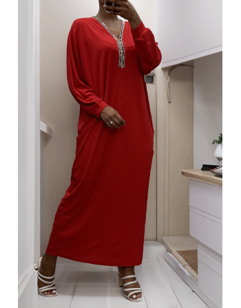 Abaya rouge à encolure de strass et manches longues - 3