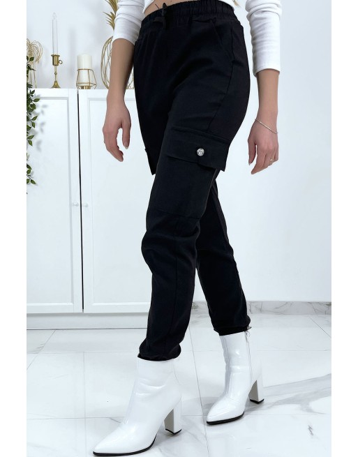 Pantalon treillis noir en strech avec poches - 1