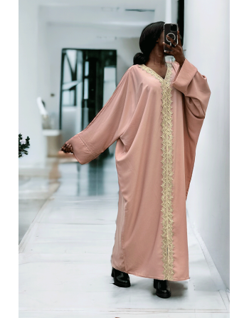 Abaya rose over size (36-52) avec sublime dentelle sur toute la longueur  - 1