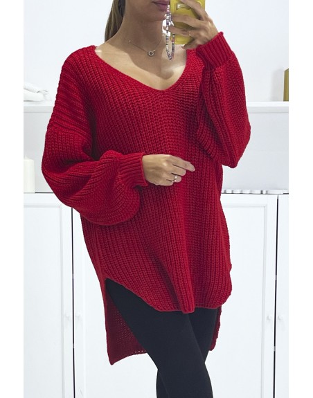 Pull rouge asymétrique en tricot à col v et manches bouffantes, ultra doux - 2