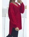 Pull rouge asymétrique en tricot à col v et manches bouffantes, ultra doux - 4