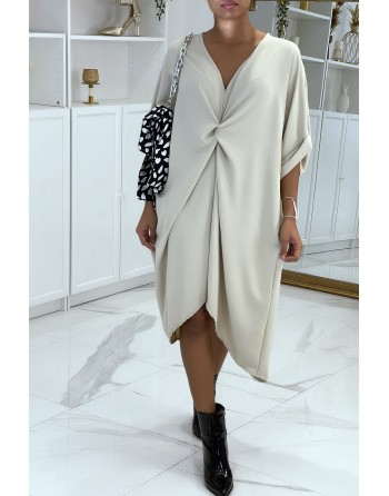Longue robe tunique beige over-size croisé devant - 3