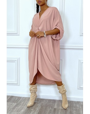 Robe tunique oversize rose col v détail froncé - 2