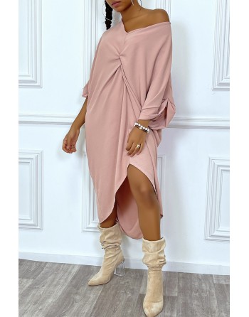 Robe tunique oversize rose col v détail froncé - 3
