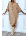 Robe tunique oversize camel col v détail froncé - 1