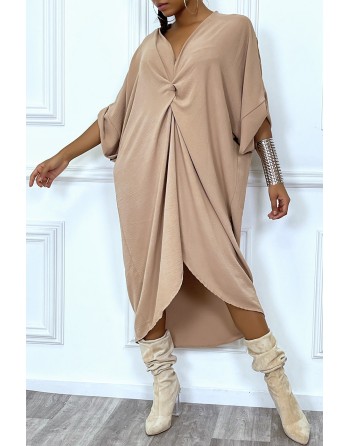 Robe tunique oversize camel col v détail froncé - 3
