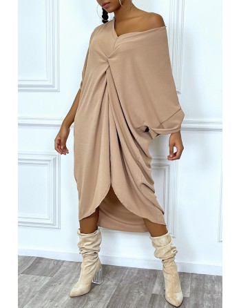 Robe tunique oversize camel col v détail froncé - 7