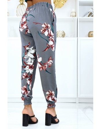 Pantalon gris à fleurs, fluide élastique à la taille et aux chevilles  - 3