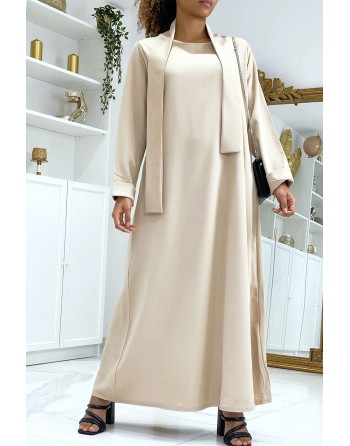 Longue abaya beige avec poches et ceinture - 1