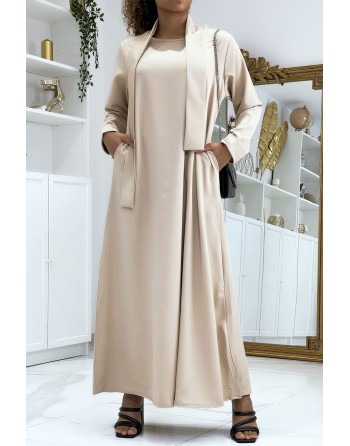 Longue abaya beige avec poches et ceinture - 2