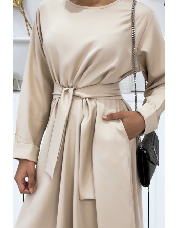 Longue abaya beige avec poches et ceinture - 5