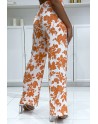 Pantalon palazzo orange et blanc en coton motif fleuris - 1