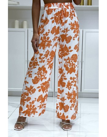 Pantalon palazzo orange et blanc en coton motif fleuris - 3