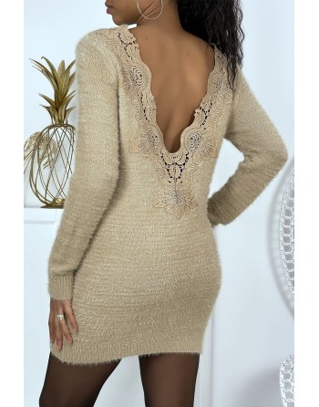 Robe pull taupe dos nu femme - 1