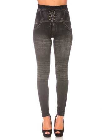 Leggings minceur noir style jeans taille haute et effet lien croisé. Effet Push-Up - 1