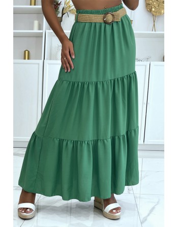 Longue jupe verte style bohème chic avec magnifique ceinture effet paille à fermoir rond - 1