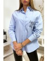 Chemise bleu fashion avec détails poche et dos perlés - 1