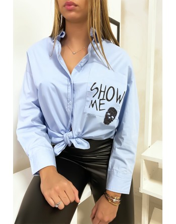 Chemise bleu fashion avec détails poche et dos perlés - 4