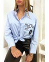 Chemise bleu fashion avec détails poche et dos perlés - 4