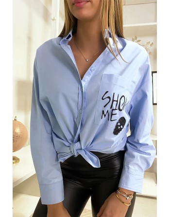 Chemise bleu fashion avec détails poche et dos perlés - 6